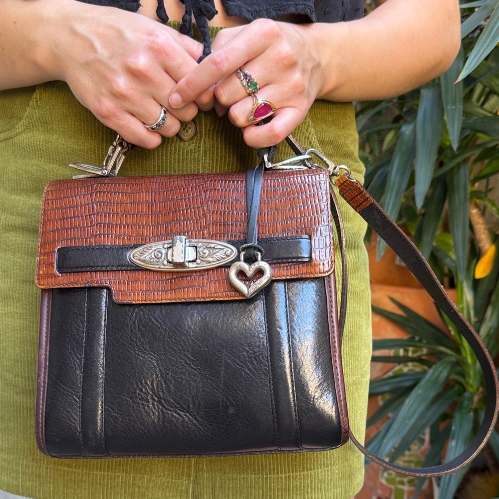 Vintage Black/Brown Brighton Leather Top-Handle Bag with Silver Hardware
